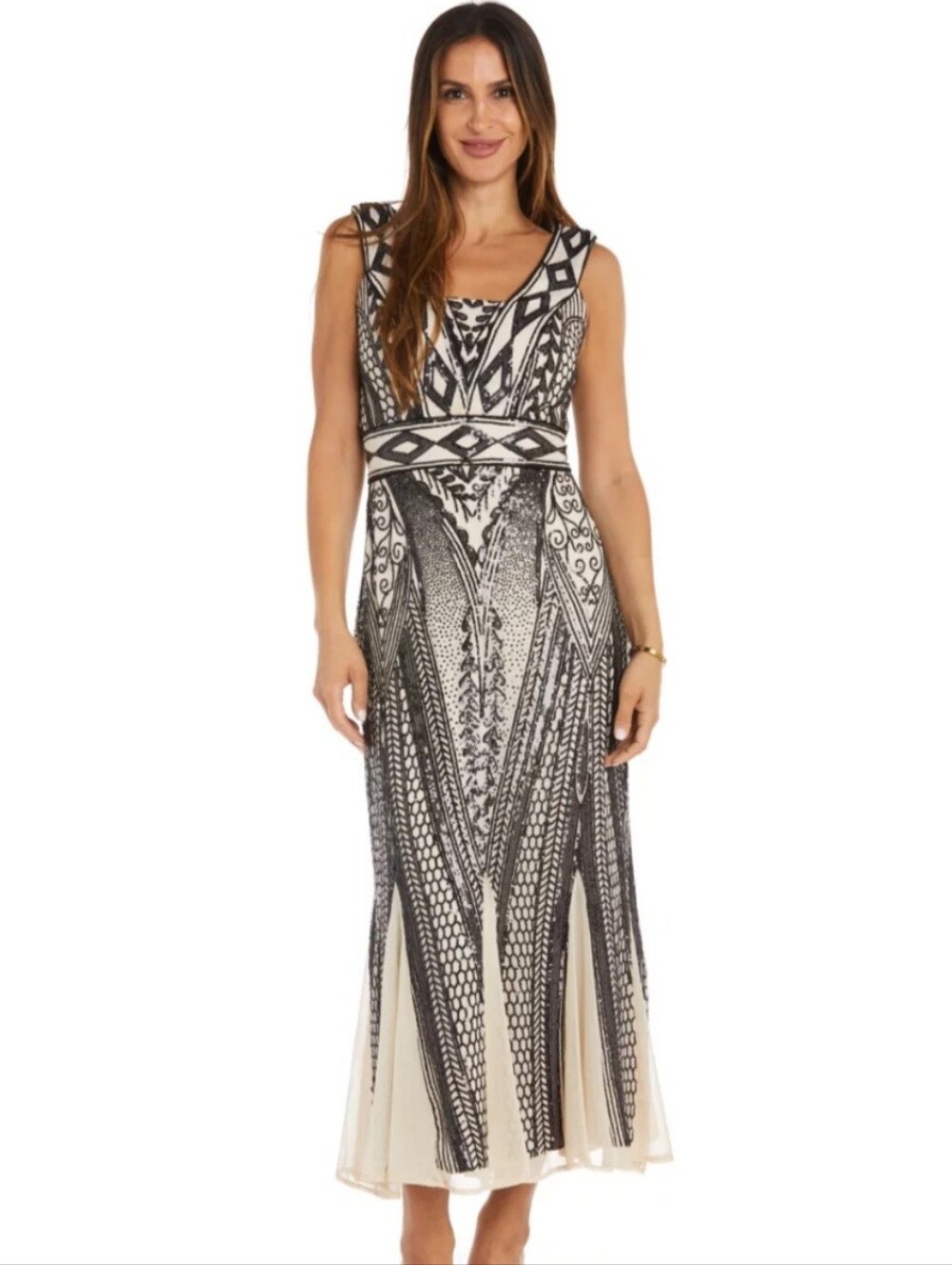 R&M Richards Beaded & Sequined Black Over Nude Sleeveless Gown with Godot Skirt